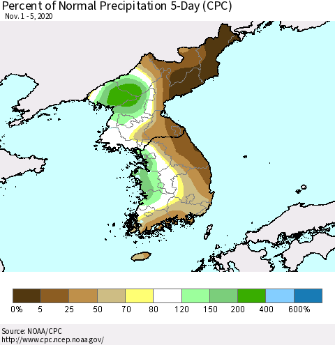 Korea Percent of Normal Precipitation 5-Day (CPC) Thematic Map For 11/1/2020 - 11/5/2020