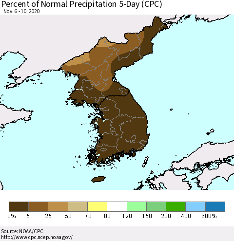 Korea Percent of Normal Precipitation 5-Day (CPC) Thematic Map For 11/6/2020 - 11/10/2020