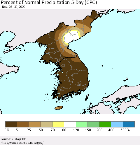 Korea Percent of Normal Precipitation 5-Day (CPC) Thematic Map For 11/26/2020 - 11/30/2020