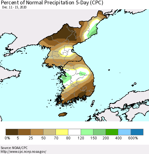 Korea Percent of Normal Precipitation 5-Day (CPC) Thematic Map For 12/11/2020 - 12/15/2020