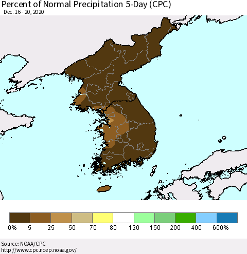 Korea Percent of Normal Precipitation 5-Day (CPC) Thematic Map For 12/16/2020 - 12/20/2020