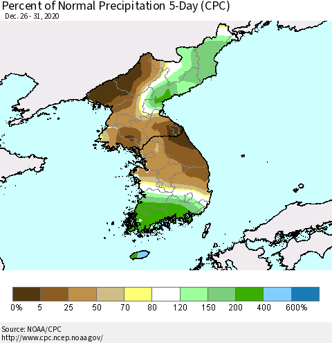 Korea Percent of Normal Precipitation 5-Day (CPC) Thematic Map For 12/26/2020 - 12/31/2020