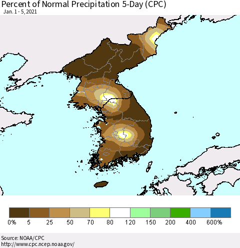 Korea Percent of Normal Precipitation 5-Day (CPC) Thematic Map For 1/1/2021 - 1/5/2021