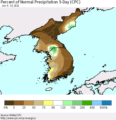 Korea Percent of Normal Precipitation 5-Day (CPC) Thematic Map For 1/6/2021 - 1/10/2021