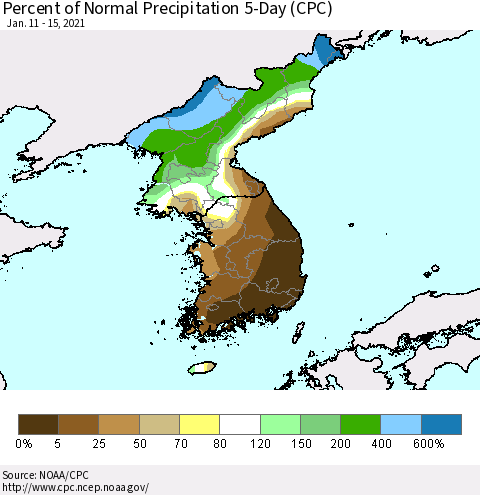Korea Percent of Normal Precipitation 5-Day (CPC) Thematic Map For 1/11/2021 - 1/15/2021
