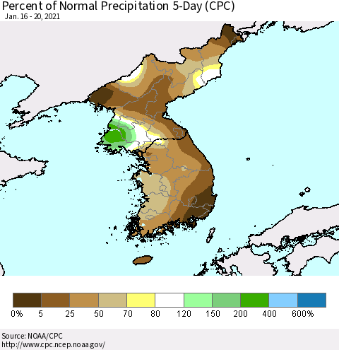 Korea Percent of Normal Precipitation 5-Day (CPC) Thematic Map For 1/16/2021 - 1/20/2021