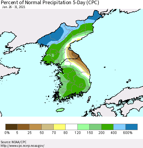 Korea Percent of Normal Precipitation 5-Day (CPC) Thematic Map For 1/26/2021 - 1/31/2021
