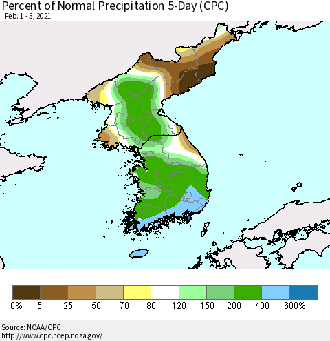Korea Percent of Normal Precipitation 5-Day (CPC) Thematic Map For 2/1/2021 - 2/5/2021