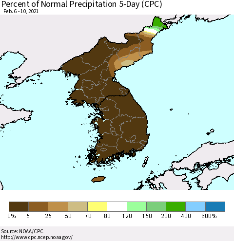 Korea Percent of Normal Precipitation 5-Day (CPC) Thematic Map For 2/6/2021 - 2/10/2021