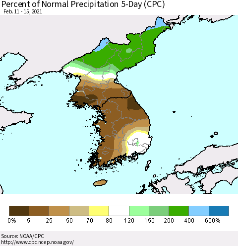 Korea Percent of Normal Precipitation 5-Day (CPC) Thematic Map For 2/11/2021 - 2/15/2021