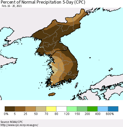 Korea Percent of Normal Precipitation 5-Day (CPC) Thematic Map For 2/16/2021 - 2/20/2021