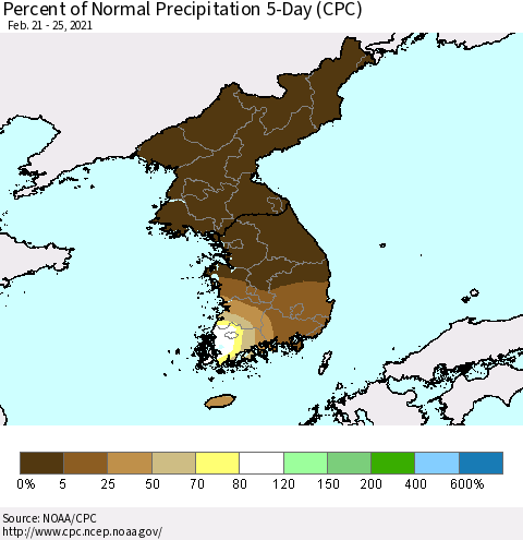Korea Percent of Normal Precipitation 5-Day (CPC) Thematic Map For 2/21/2021 - 2/25/2021