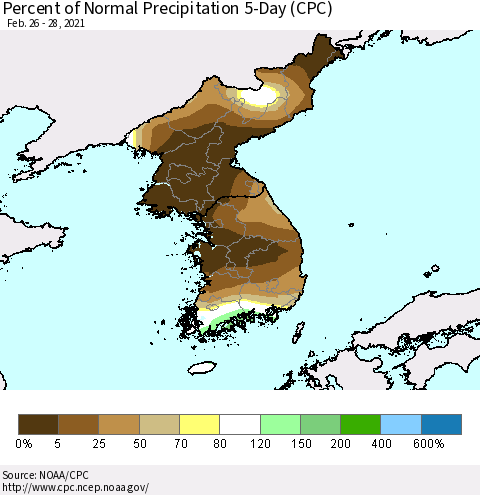 Korea Percent of Normal Precipitation 5-Day (CPC) Thematic Map For 2/26/2021 - 2/28/2021