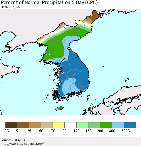 Korea Percent of Normal Precipitation 5-Day (CPC) Thematic Map For 3/1/2021 - 3/5/2021