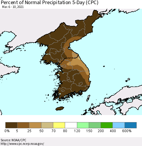 Korea Percent of Normal Precipitation 5-Day (CPC) Thematic Map For 3/6/2021 - 3/10/2021