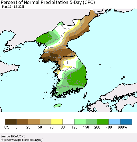Korea Percent of Normal Precipitation 5-Day (CPC) Thematic Map For 3/11/2021 - 3/15/2021