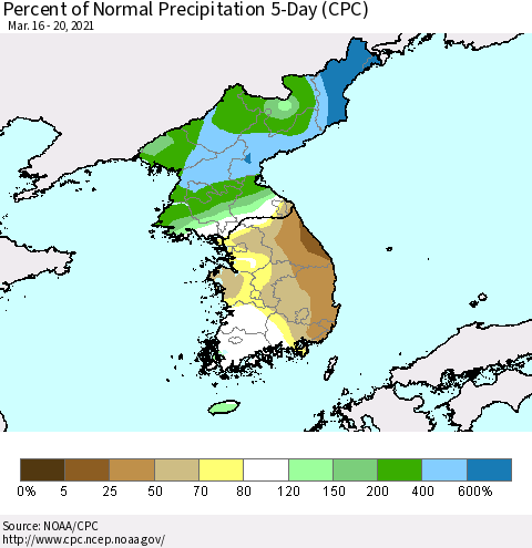 Korea Percent of Normal Precipitation 5-Day (CPC) Thematic Map For 3/16/2021 - 3/20/2021