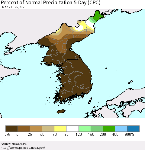Korea Percent of Normal Precipitation 5-Day (CPC) Thematic Map For 3/21/2021 - 3/25/2021