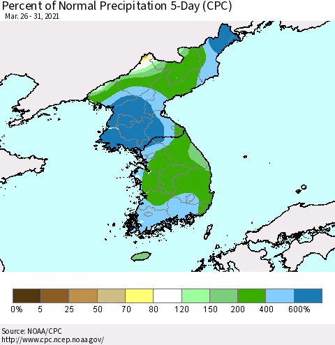 Korea Percent of Normal Precipitation 5-Day (CPC) Thematic Map For 3/26/2021 - 3/31/2021