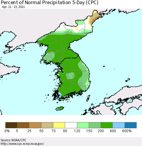 Korea Percent of Normal Precipitation 5-Day (CPC) Thematic Map For 4/11/2021 - 4/15/2021