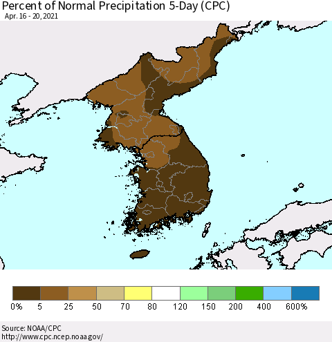Korea Percent of Normal Precipitation 5-Day (CPC) Thematic Map For 4/16/2021 - 4/20/2021