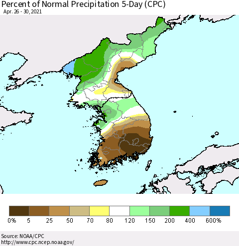 Korea Percent of Normal Precipitation 5-Day (CPC) Thematic Map For 4/26/2021 - 4/30/2021