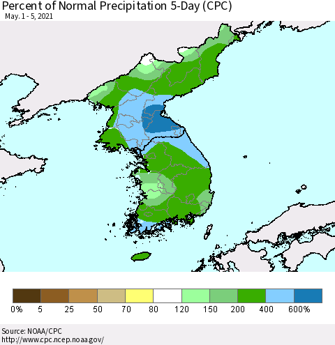 Korea Percent of Normal Precipitation 5-Day (CPC) Thematic Map For 5/1/2021 - 5/5/2021
