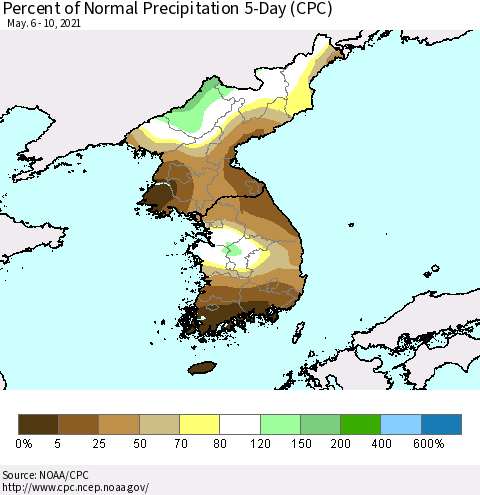 Korea Percent of Normal Precipitation 5-Day (CPC) Thematic Map For 5/6/2021 - 5/10/2021