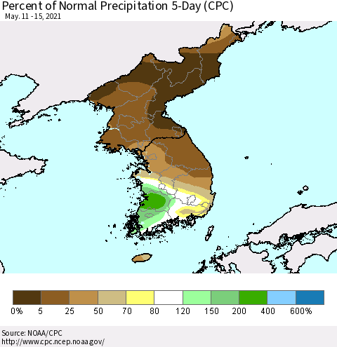 Korea Percent of Normal Precipitation 5-Day (CPC) Thematic Map For 5/11/2021 - 5/15/2021