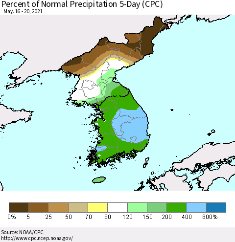 Korea Percent of Normal Precipitation 5-Day (CPC) Thematic Map For 5/16/2021 - 5/20/2021