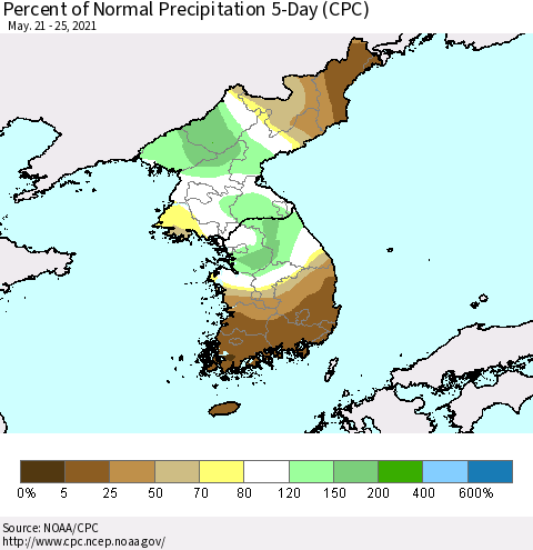 Korea Percent of Normal Precipitation 5-Day (CPC) Thematic Map For 5/21/2021 - 5/25/2021