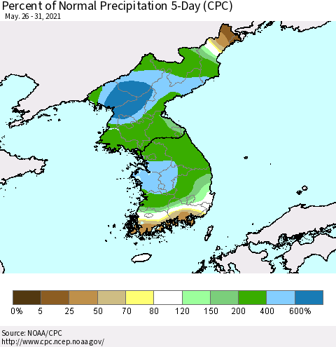Korea Percent of Normal Precipitation 5-Day (CPC) Thematic Map For 5/26/2021 - 5/31/2021