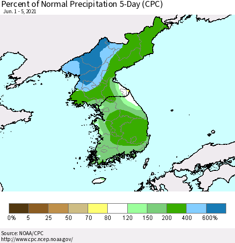 Korea Percent of Normal Precipitation 5-Day (CPC) Thematic Map For 6/1/2021 - 6/5/2021