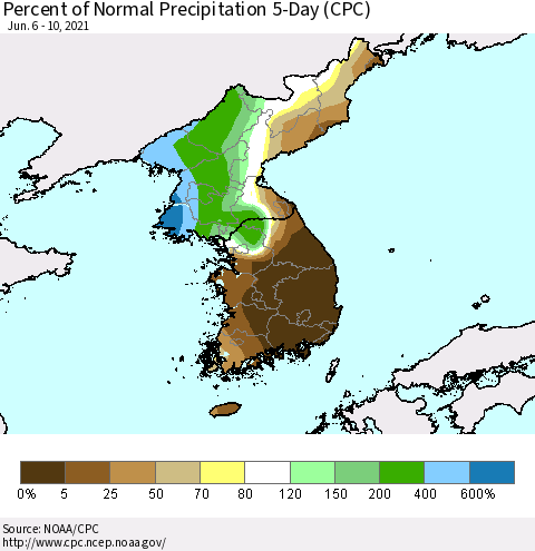 Korea Percent of Normal Precipitation 5-Day (CPC) Thematic Map For 6/6/2021 - 6/10/2021
