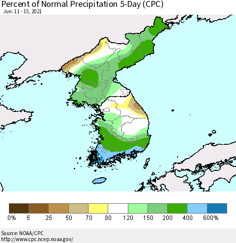 Korea Percent of Normal Precipitation 5-Day (CPC) Thematic Map For 6/11/2021 - 6/15/2021