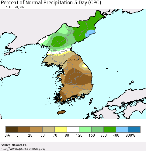 Korea Percent of Normal Precipitation 5-Day (CPC) Thematic Map For 6/16/2021 - 6/20/2021