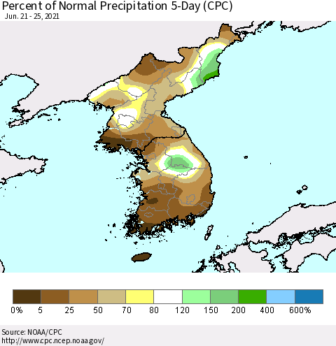 Korea Percent of Normal Precipitation 5-Day (CPC) Thematic Map For 6/21/2021 - 6/25/2021