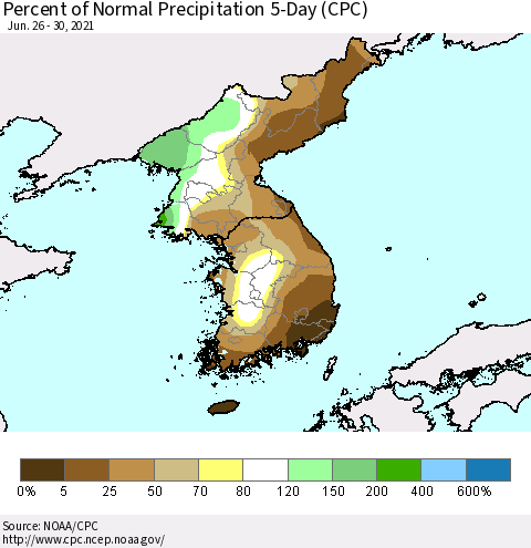 Korea Percent of Normal Precipitation 5-Day (CPC) Thematic Map For 6/26/2021 - 6/30/2021