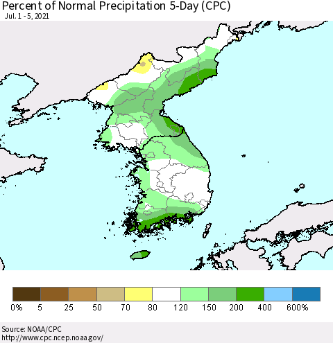 Korea Percent of Normal Precipitation 5-Day (CPC) Thematic Map For 7/1/2021 - 7/5/2021