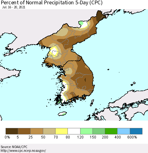 Korea Percent of Normal Precipitation 5-Day (CPC) Thematic Map For 7/16/2021 - 7/20/2021
