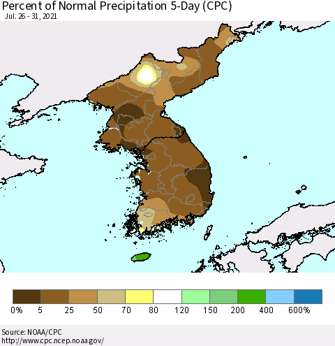 Korea Percent of Normal Precipitation 5-Day (CPC) Thematic Map For 7/26/2021 - 7/31/2021