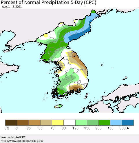 Korea Percent of Normal Precipitation 5-Day (CPC) Thematic Map For 8/1/2021 - 8/5/2021