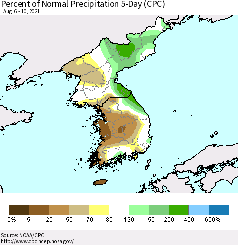 Korea Percent of Normal Precipitation 5-Day (CPC) Thematic Map For 8/6/2021 - 8/10/2021
