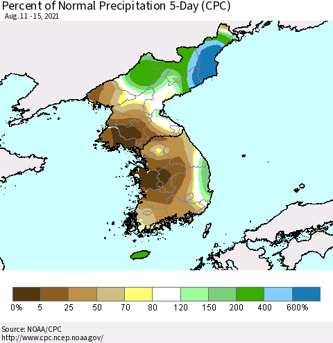 Korea Percent of Normal Precipitation 5-Day (CPC) Thematic Map For 8/11/2021 - 8/15/2021