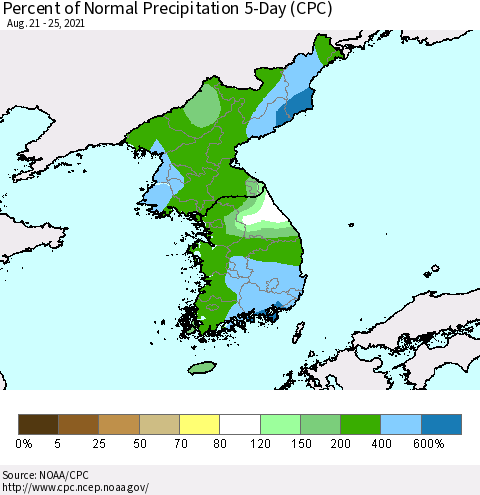 Korea Percent of Normal Precipitation 5-Day (CPC) Thematic Map For 8/21/2021 - 8/25/2021
