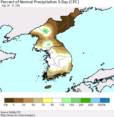 Korea Percent of Normal Precipitation 5-Day (CPC) Thematic Map For 8/26/2021 - 8/31/2021