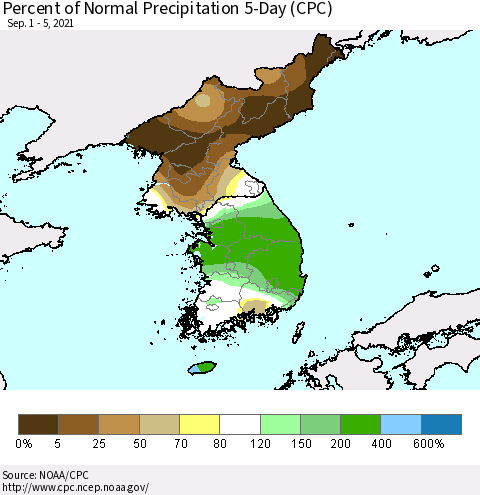 Korea Percent of Normal Precipitation 5-Day (CPC) Thematic Map For 9/1/2021 - 9/5/2021