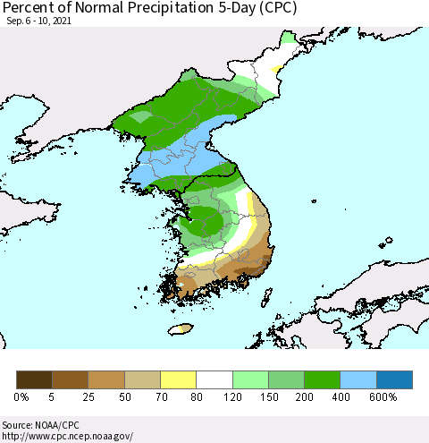 Korea Percent of Normal Precipitation 5-Day (CPC) Thematic Map For 9/6/2021 - 9/10/2021