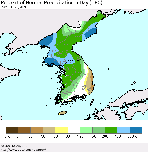 Korea Percent of Normal Precipitation 5-Day (CPC) Thematic Map For 9/21/2021 - 9/25/2021