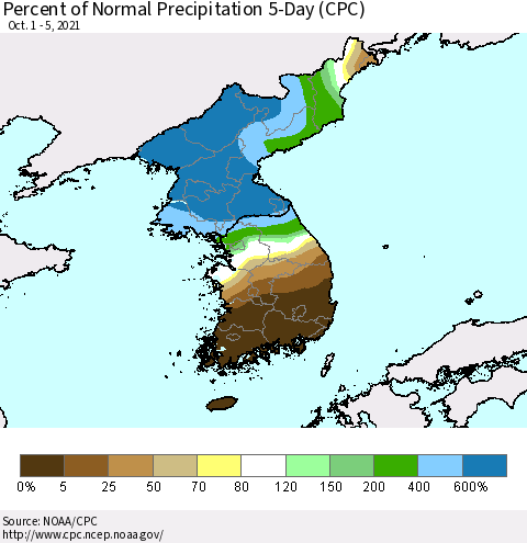 Korea Percent of Normal Precipitation 5-Day (CPC) Thematic Map For 10/1/2021 - 10/5/2021